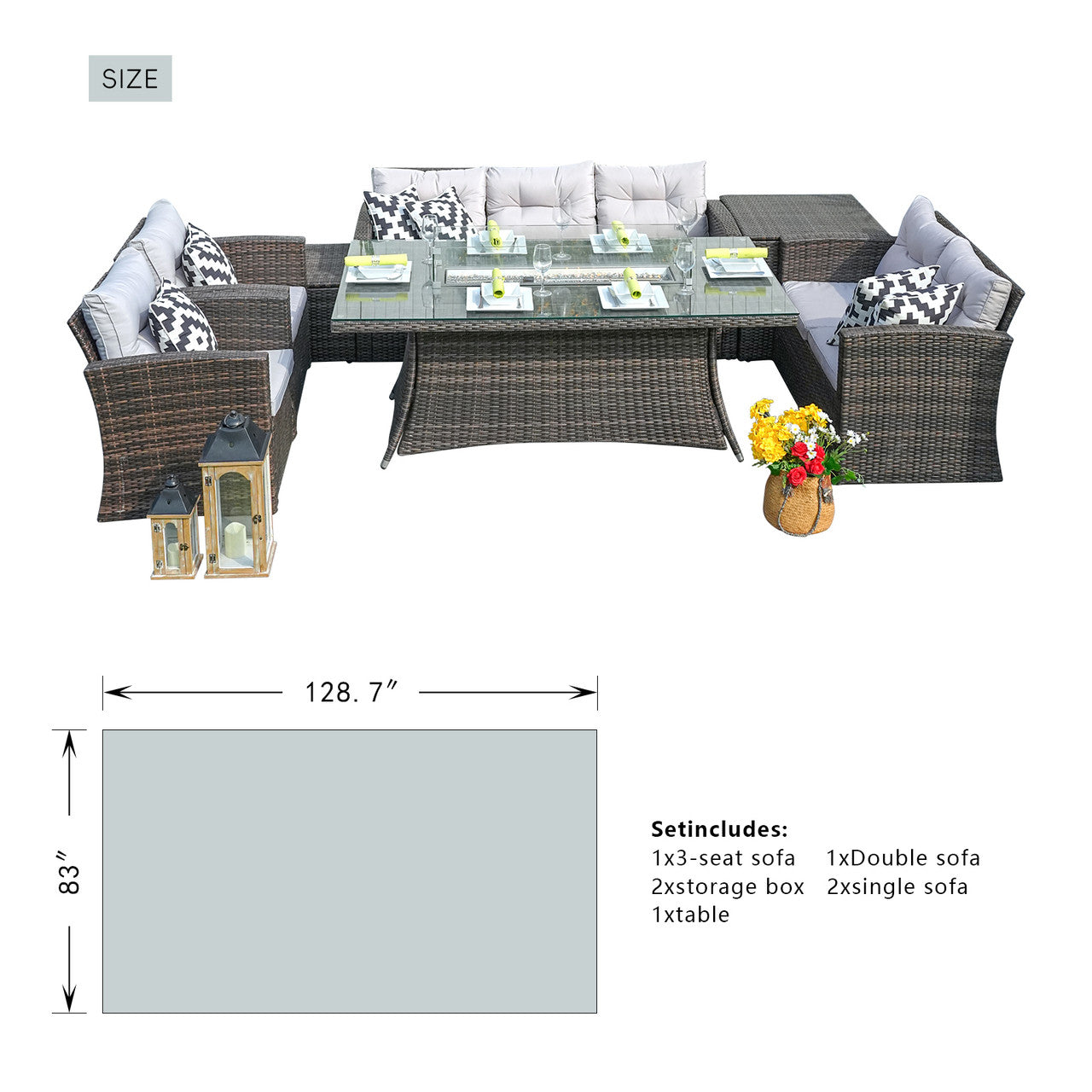 Patio Perfection with Rectangular Fire Pit Glass Tabletop Furniture Set (PAG-1503+1106R)