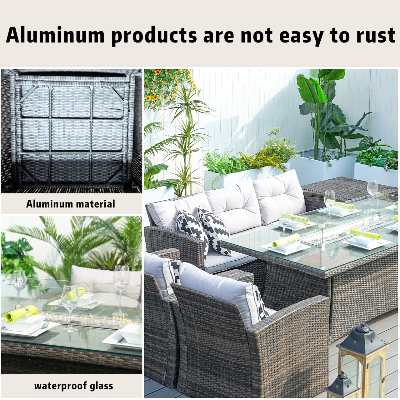 Patio Perfection with Rectangular Fire Pit Glass Tabletop Furniture Set (PAG-1503+1106R)