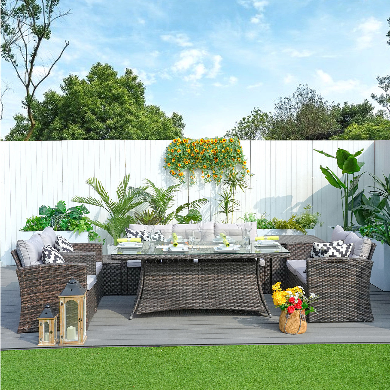 Patio Perfection with Rectangular Fire Pit Glass Tabletop Furniture Set (PAG-1503+1106R)