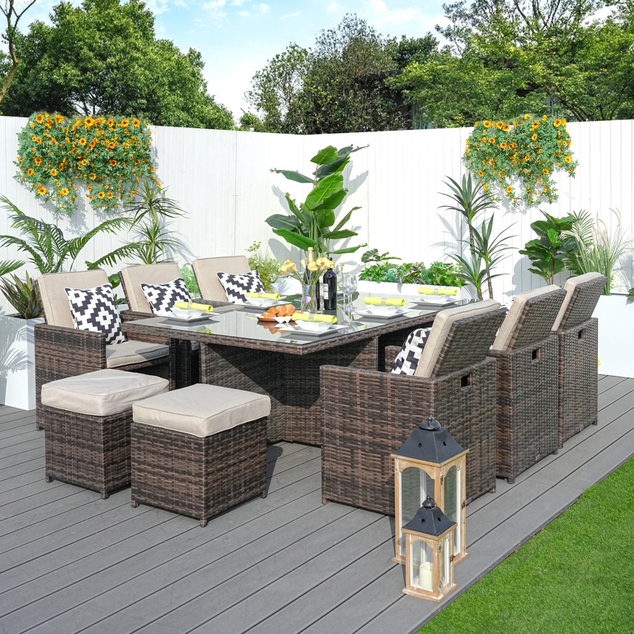 6 Seats Patio Dining Set Rectangular Dining Table with Chairs and Ottoman (PAD-3234-SET)