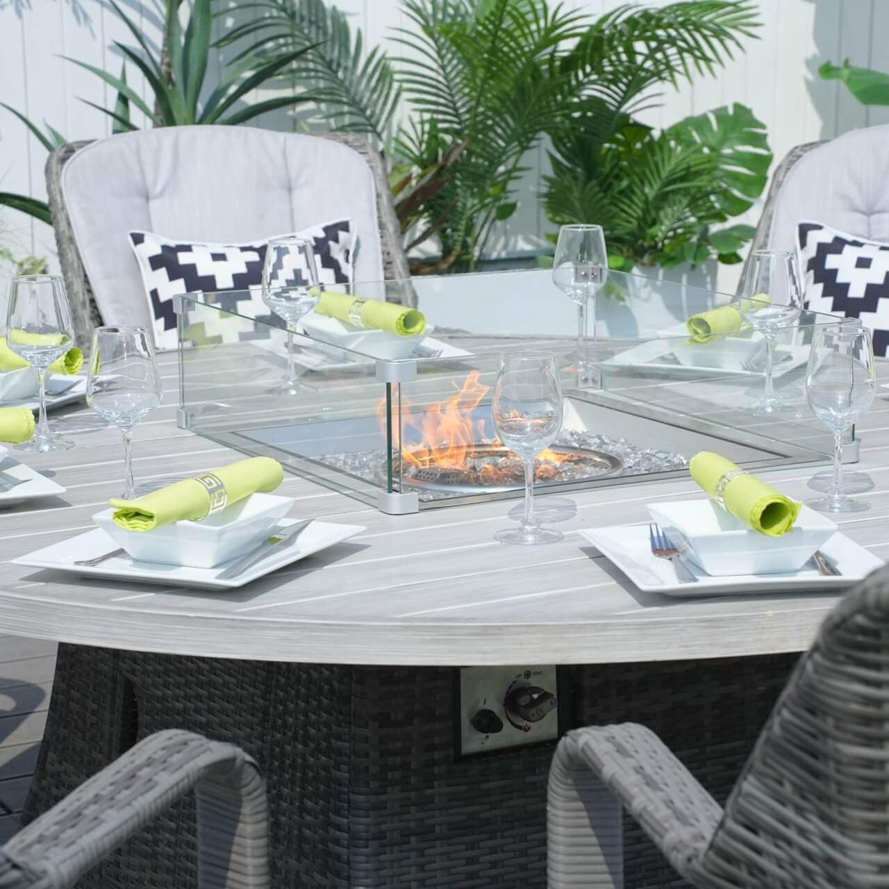Direct Wicker's 8 Seats Round Fire Pit Set with Aluminium Tabletop & Rattan Chairs (PAG-1108A)