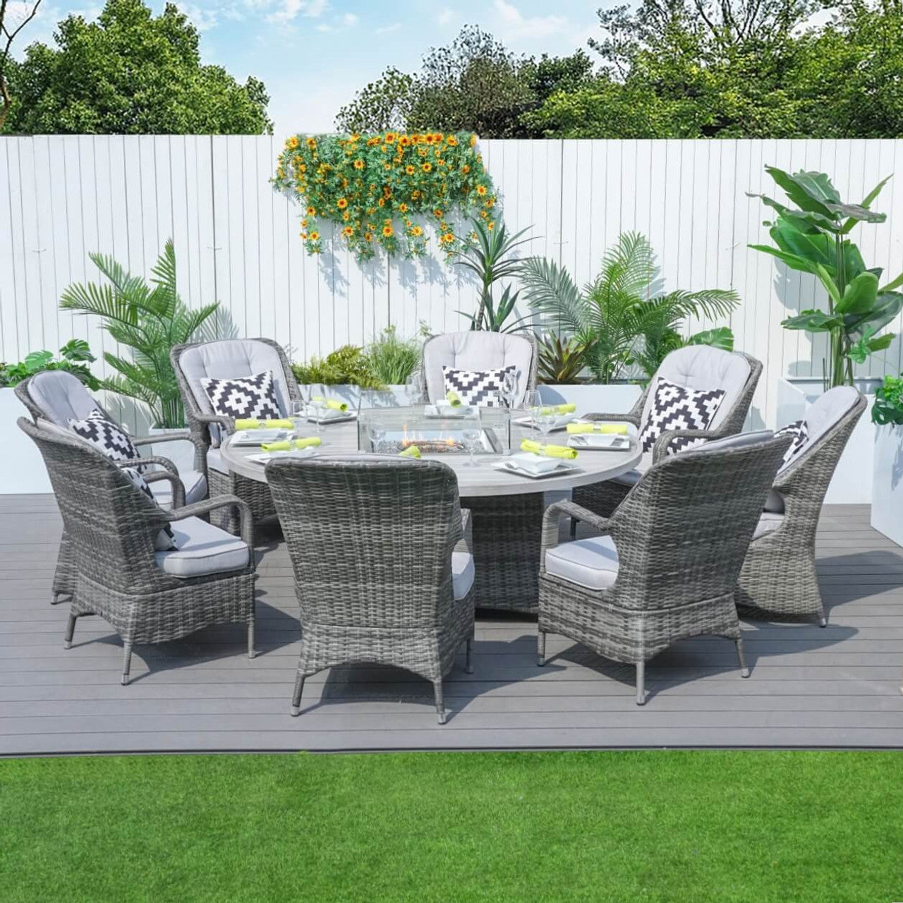 Direct Wicker's 8 Seats Round Fire Pit Set with Aluminium Tabletop & Rattan Chairs (PAG-1108A)