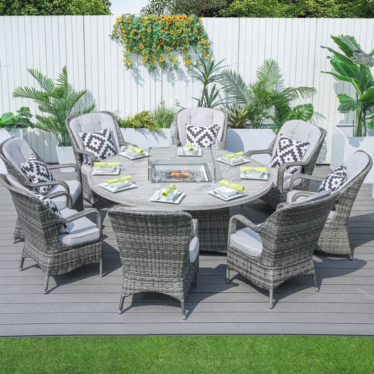 Direct Wicker's 8 Seats Round Fire Pit Set with Aluminium Tabletop & Rattan Chairs (PAG-1108A)