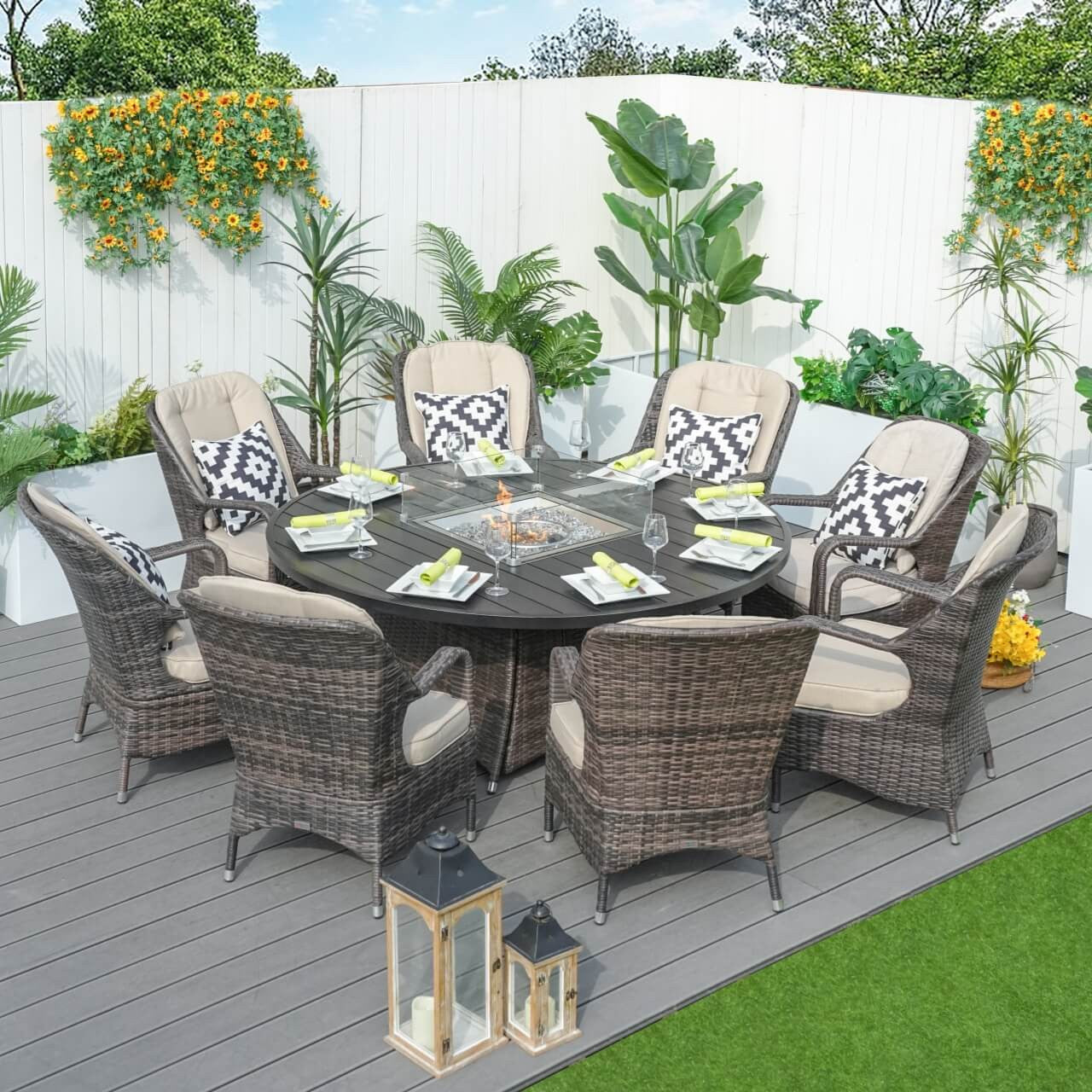 Direct Wicker's 8 Seats Round Fire Pit Set with Aluminium Tabletop & Rattan Chairs (PAG-1108A)