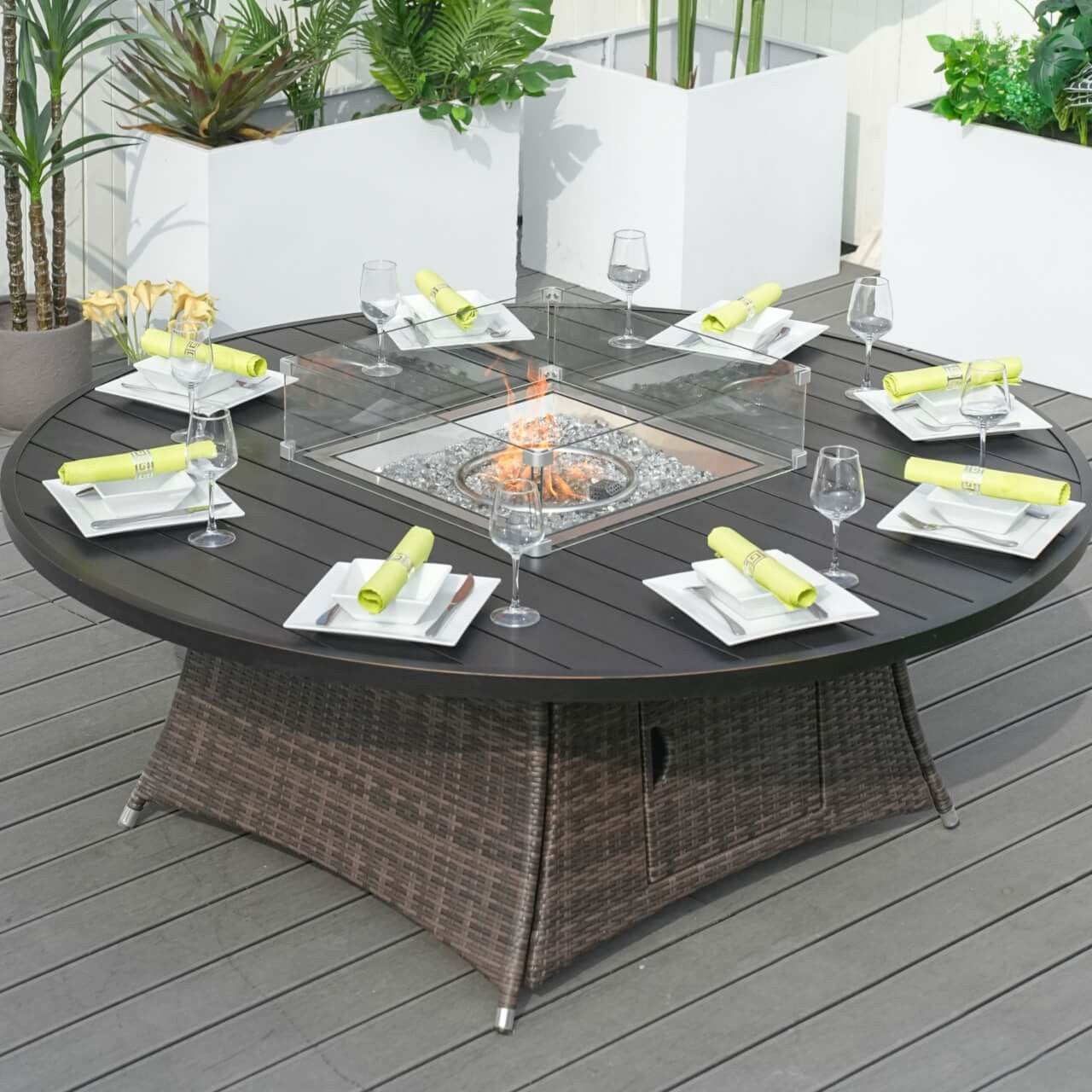 Direct Wicker's 8 Seats Round Fire Pit Set with Aluminium Tabletop & Rattan Chairs (PAG-1108A)