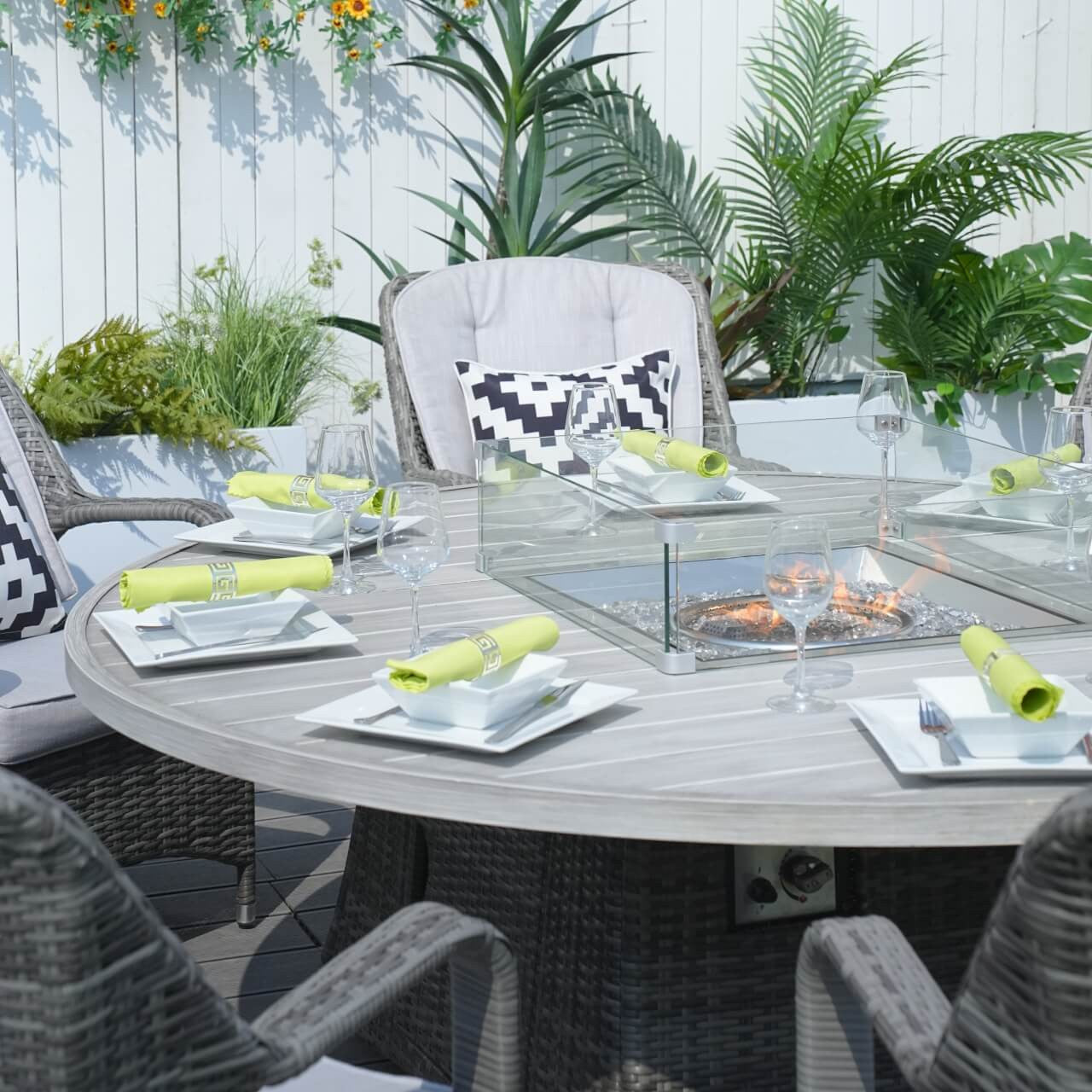 Direct Wicker's 8 Seats Round Fire Pit Set with Aluminium Tabletop & Rattan Chairs (PAG-1108A)