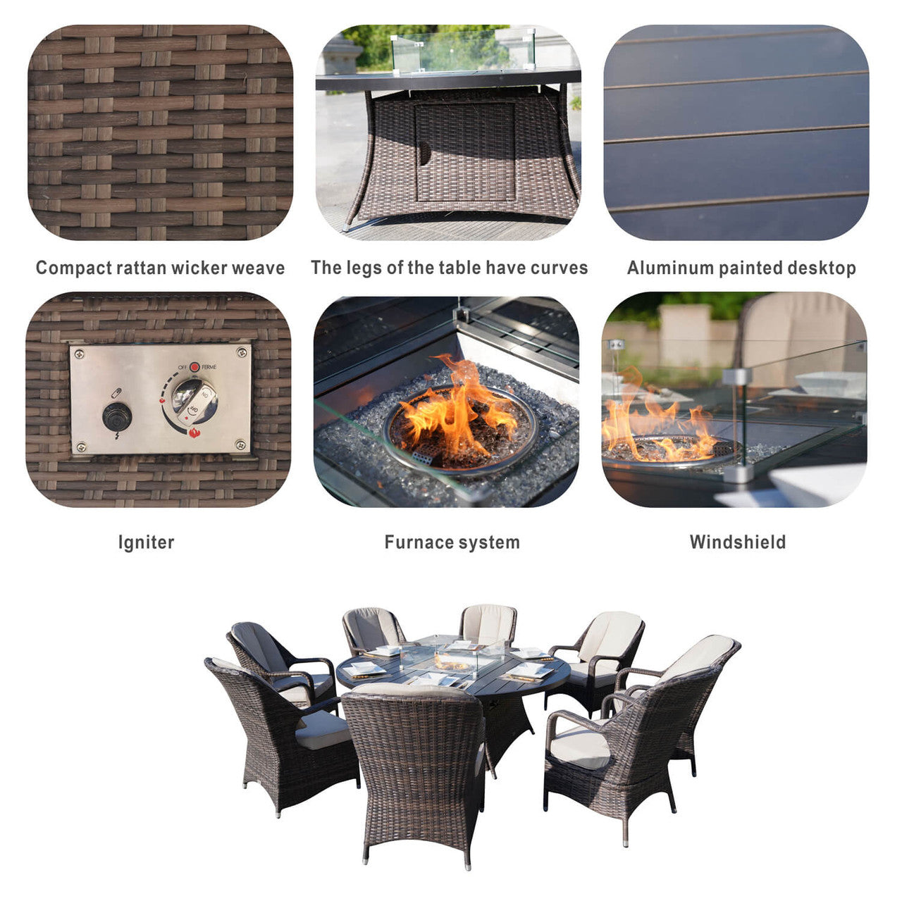 Direct Wicker's 8 Seats Round Fire Pit Set with Aluminium Tabletop & Rattan Chairs (PAG-1108A)