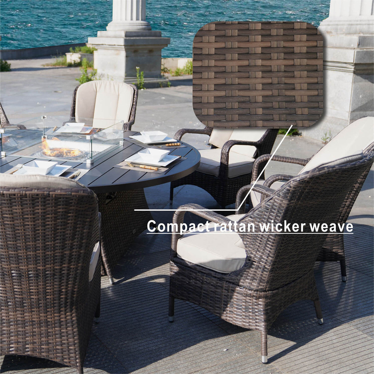Direct Wicker's 8 Seats Round Fire Pit Set with Aluminium Tabletop & Rattan Chairs (PAG-1108A)