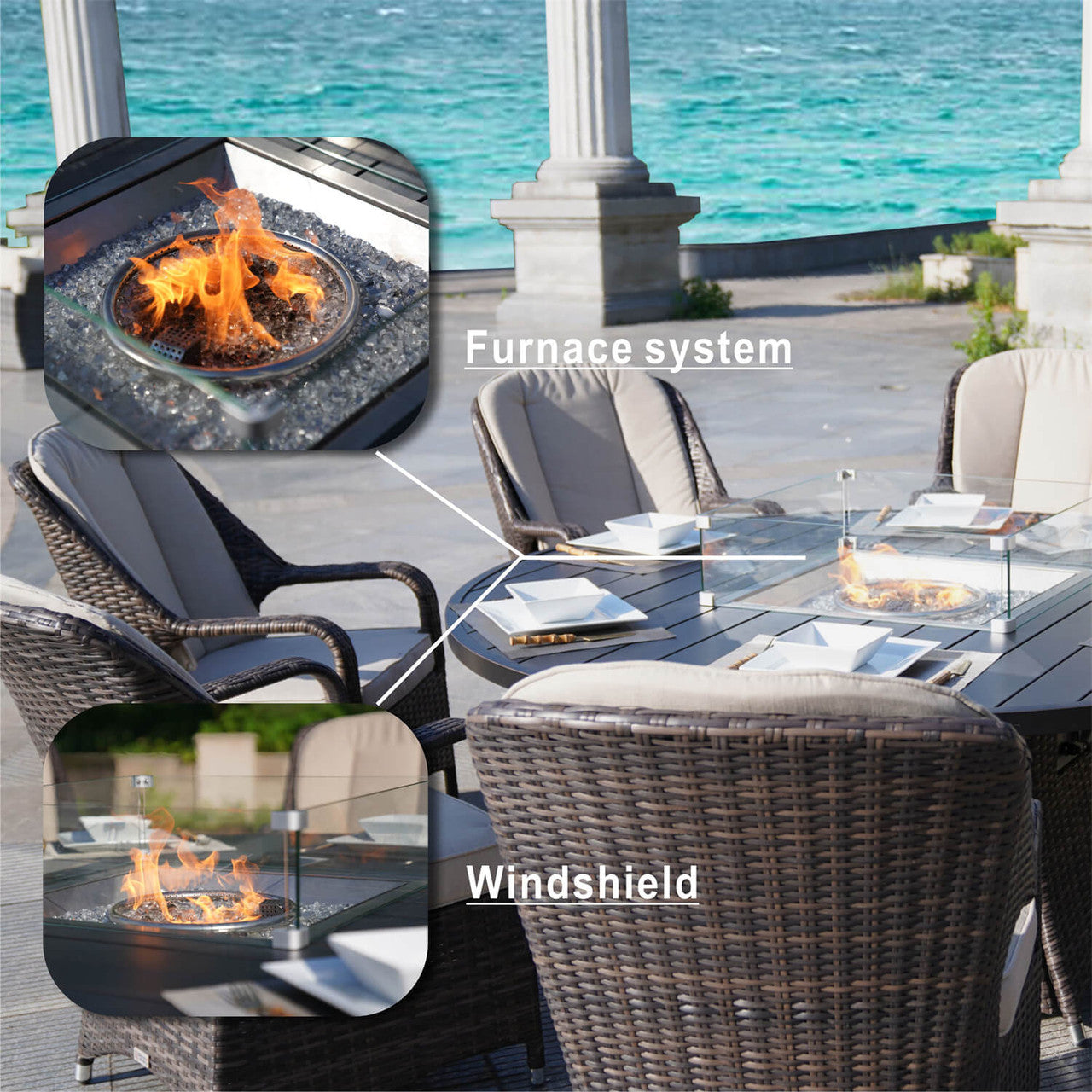 Direct Wicker's 8 Seats Round Fire Pit Set with Aluminium Tabletop & Rattan Chairs (PAG-1108A)