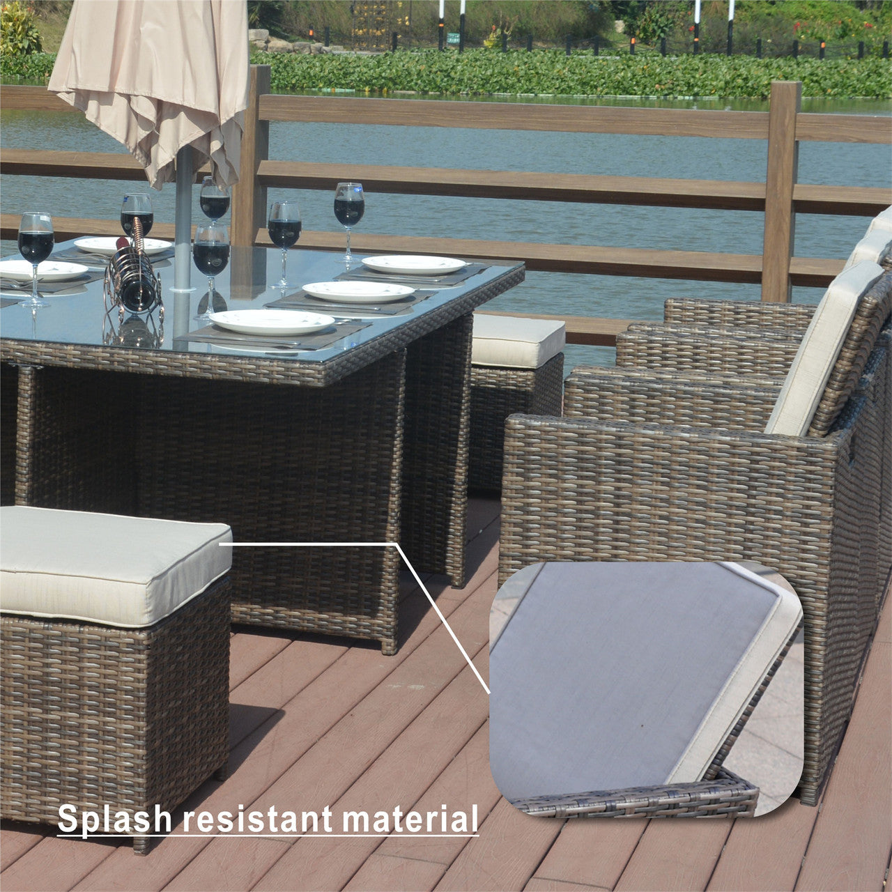 6 Seats Patio Dining Set Rectangular Dining Table with Chairs and Ottoman (PAD-3234-SET)