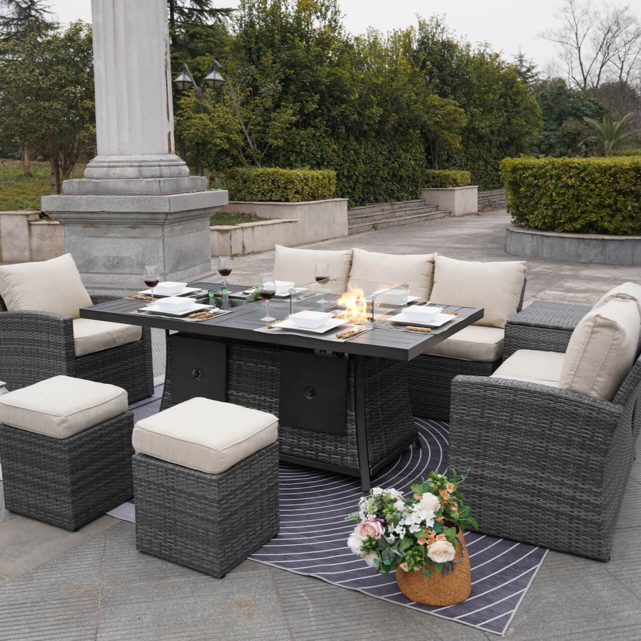 Direct Wicker's 7-Piece Wicker Patio Conversation Sofa Set Fire Pit Table with Ice Bucket (PAG-1403B+1106FI)