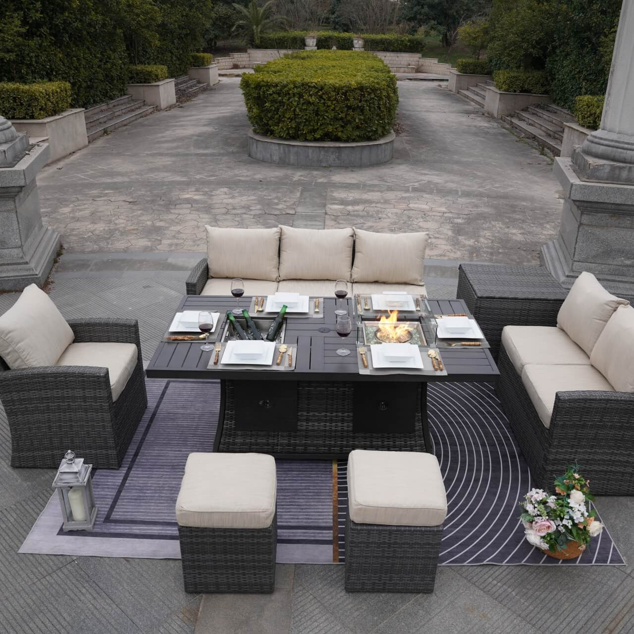 Direct Wicker's 7-Piece Wicker Patio Conversation Sofa Set Fire Pit Table with Ice Bucket (PAG-1403B+1106FI)
