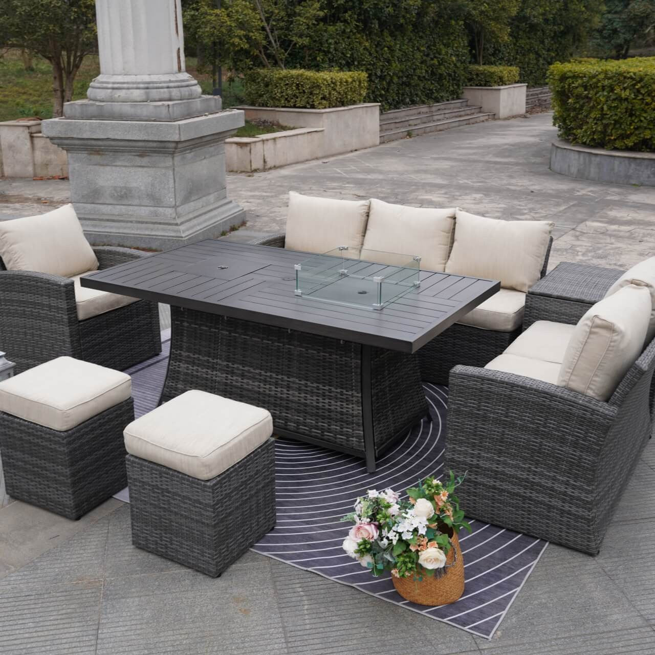 Direct Wicker's 7-Piece Wicker Patio Conversation Sofa Set Fire Pit Table with Ice Bucket (PAG-1403B+1106FI)