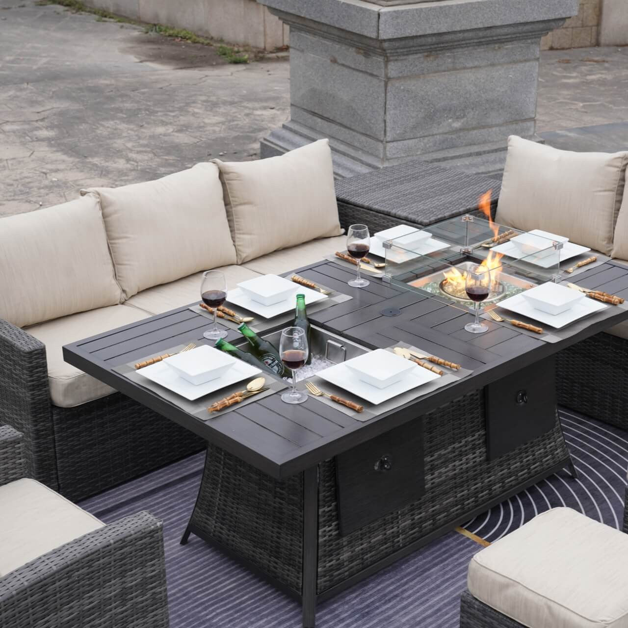Direct Wicker's 7-Piece Wicker Patio Conversation Sofa Set Fire Pit Table with Ice Bucket (PAG-1403B+1106FI)