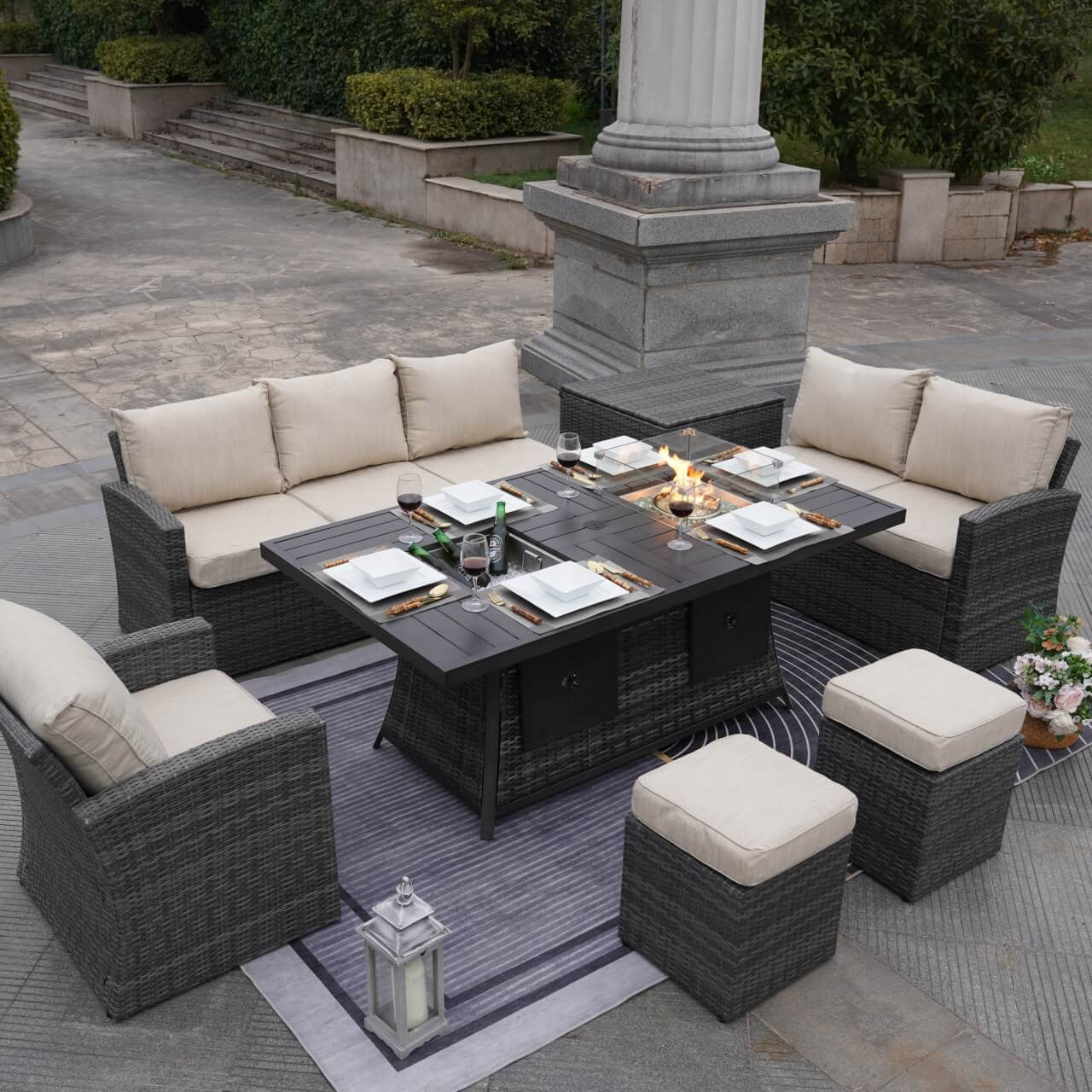 Direct Wicker's 7-Piece Wicker Patio Conversation Sofa Set Fire Pit Table with Ice Bucket (PAG-1403B+1106FI)