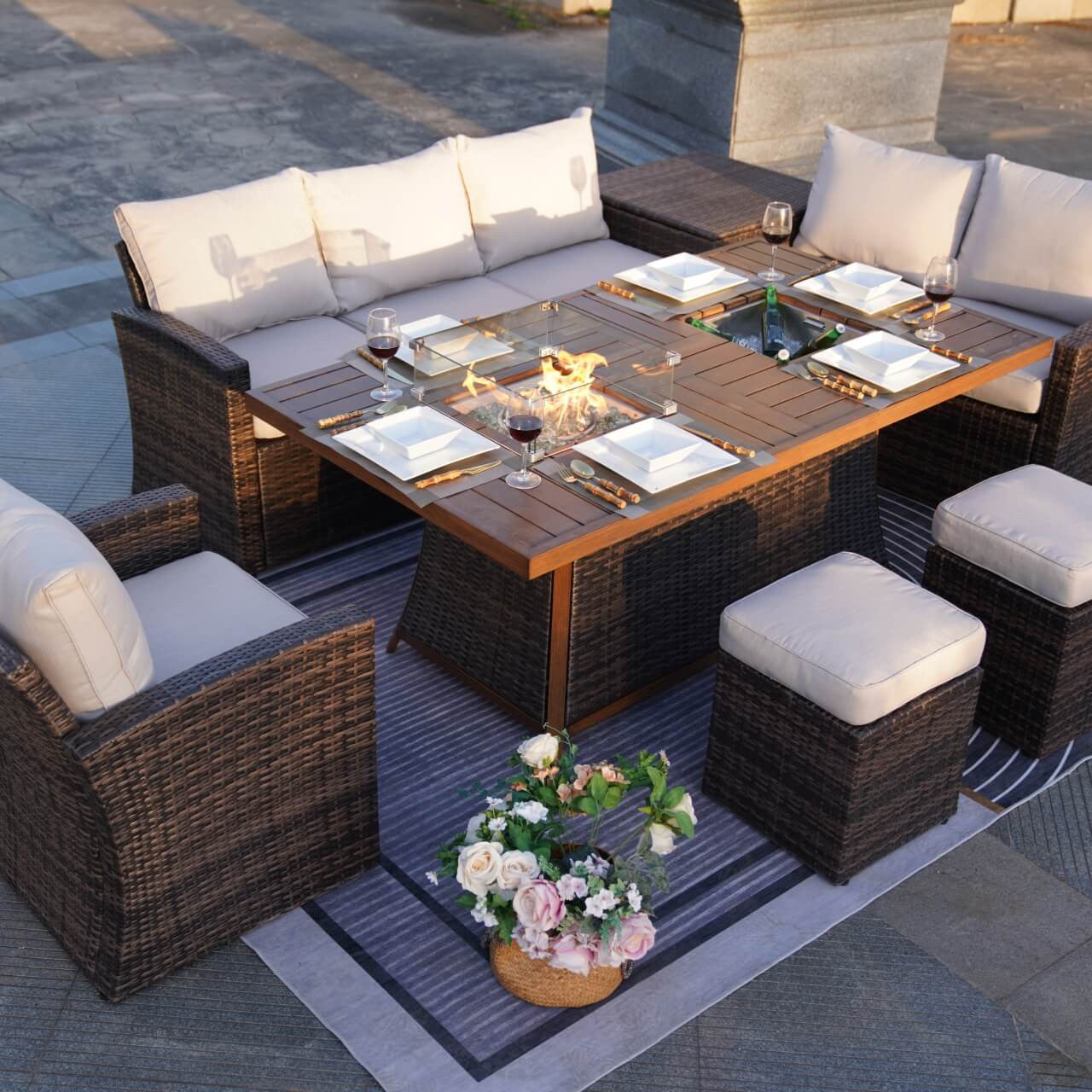 Direct Wicker's 7-Piece Wicker Patio Conversation Sofa Set Fire Pit Table with Ice Bucket (PAG-1403B+1106FI)