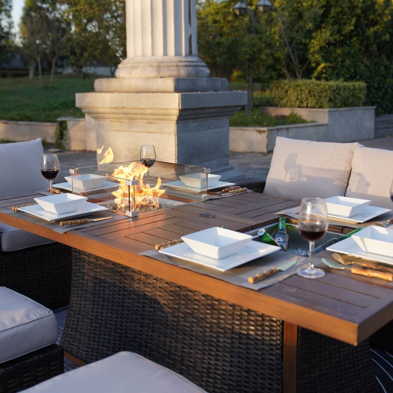 Direct Wicker's 7-Piece Wicker Patio Conversation Sofa Set Fire Pit Table with Ice Bucket (PAG-1403B+1106FI)