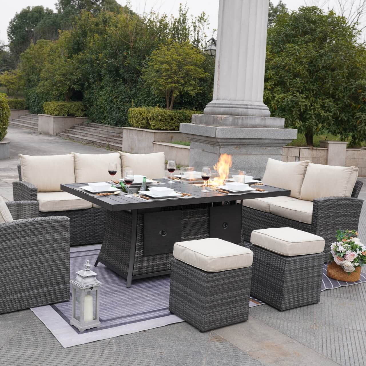 Direct Wicker's 7-Piece Wicker Patio Conversation Sofa Set Fire Pit Table with Ice Bucket (PAG-1403B+1106FI)