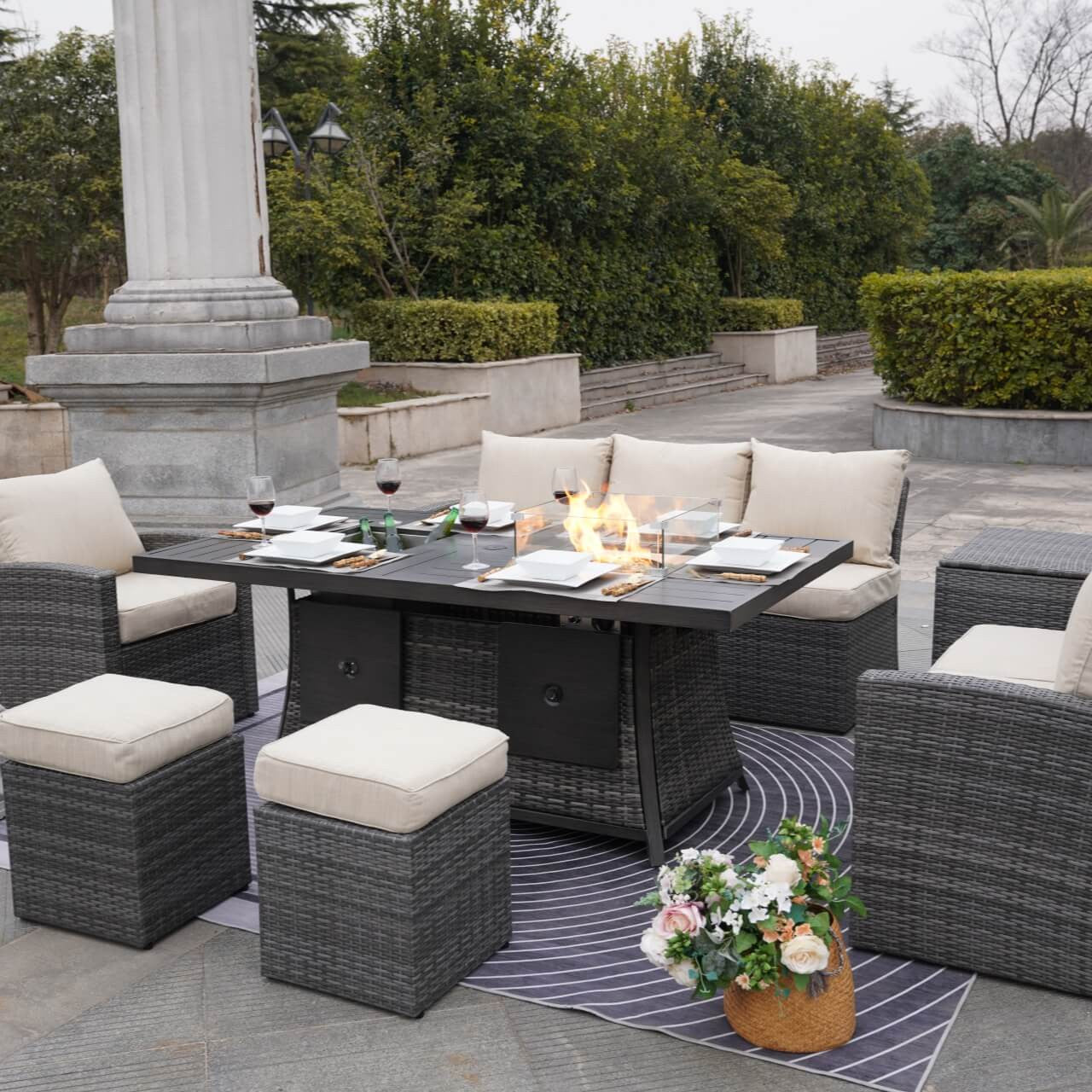 Direct Wicker's 7-Piece Wicker Patio Conversation Sofa Set Fire Pit Table with Ice Bucket (PAG-1403B+1106FI)