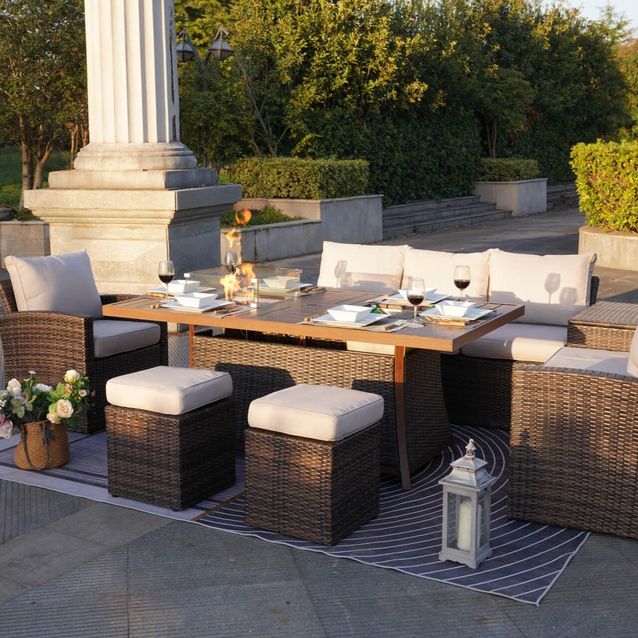 Direct Wicker's 7-Piece Wicker Patio Conversation Sofa Set Fire Pit Table with Ice Bucket (PAG-1403B+1106FI)