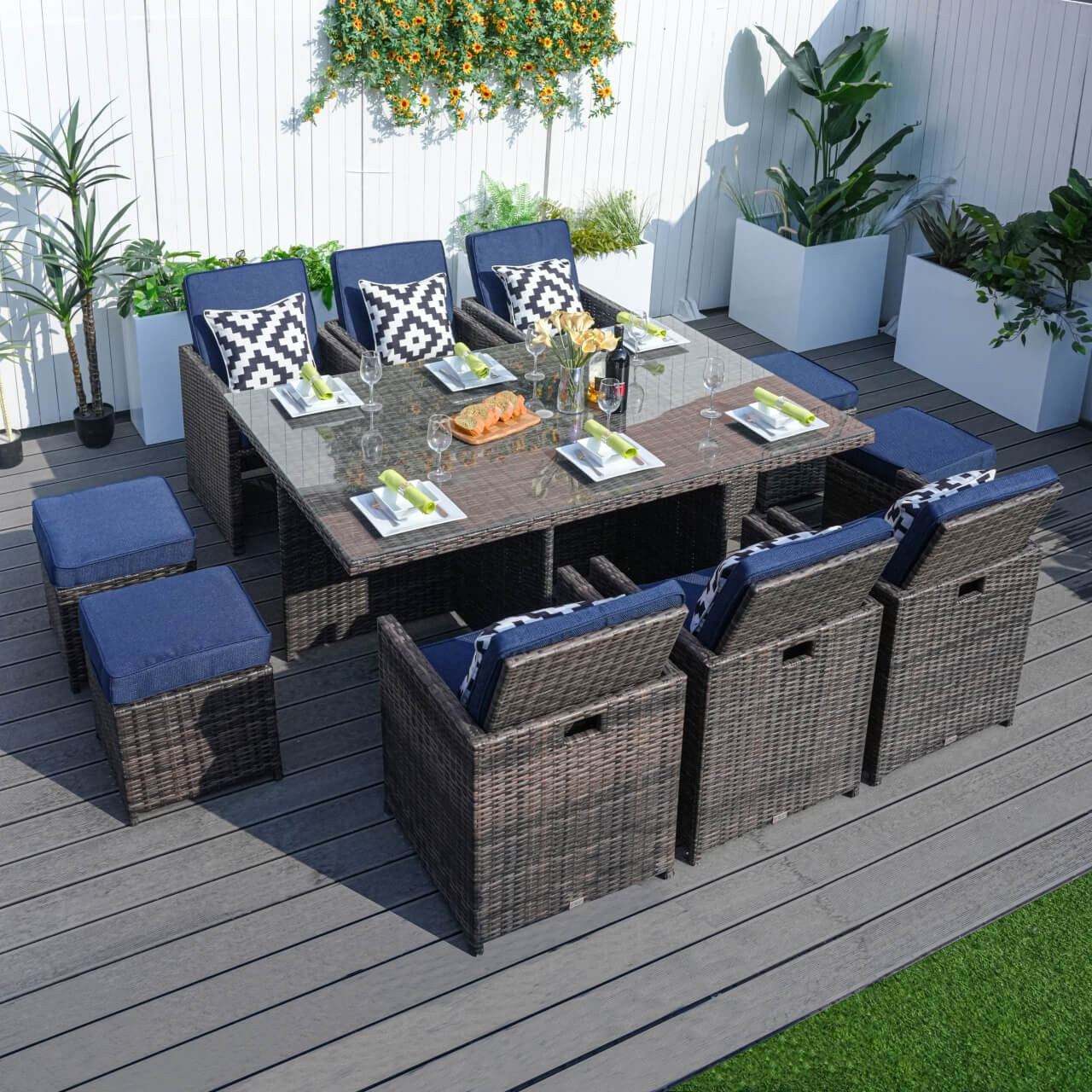 6 Seats Patio Dining Set Rectangular Dining Table with Chairs and Ottoman (PAD-3234-SET)
