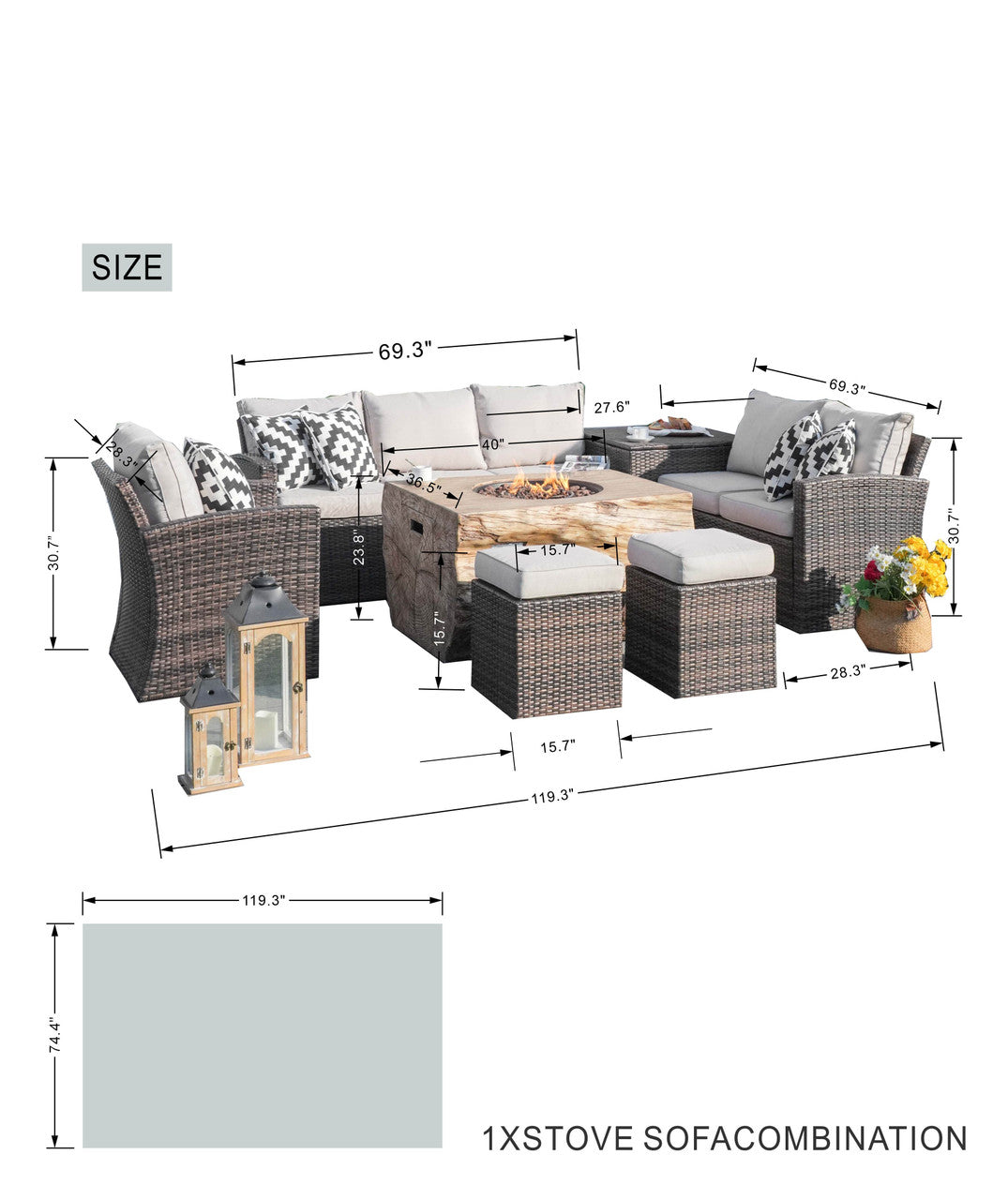 Elegant Patio Seating Sofa Set with Fire Pit Table by Direct Wicker(PAG-1403B+2170)