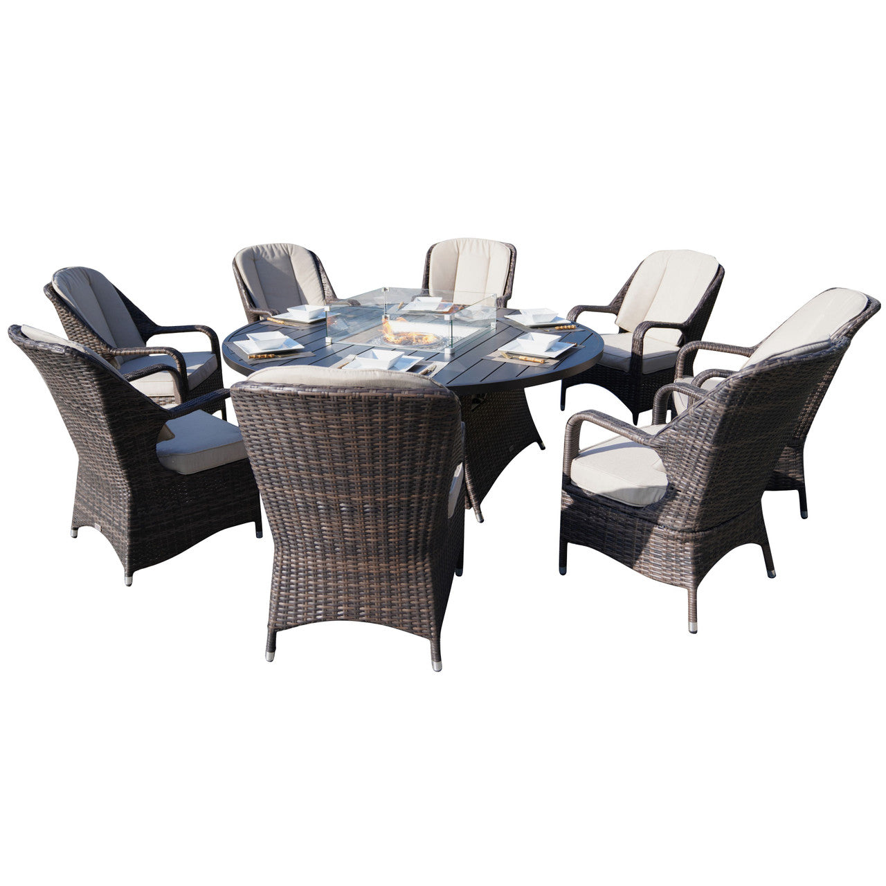 Direct Wicker's 8 Seats Round Fire Pit Set with Aluminium Tabletop & Rattan Chairs (PAG-1108A)