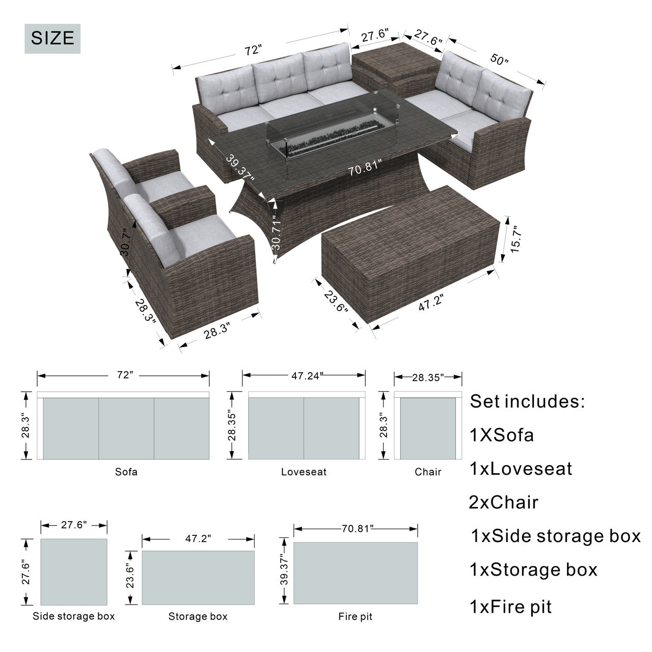 Patio Perfection with Rectangular Fire Pit Glass Tabletop Furniture Set (PAG-1503+1106R）