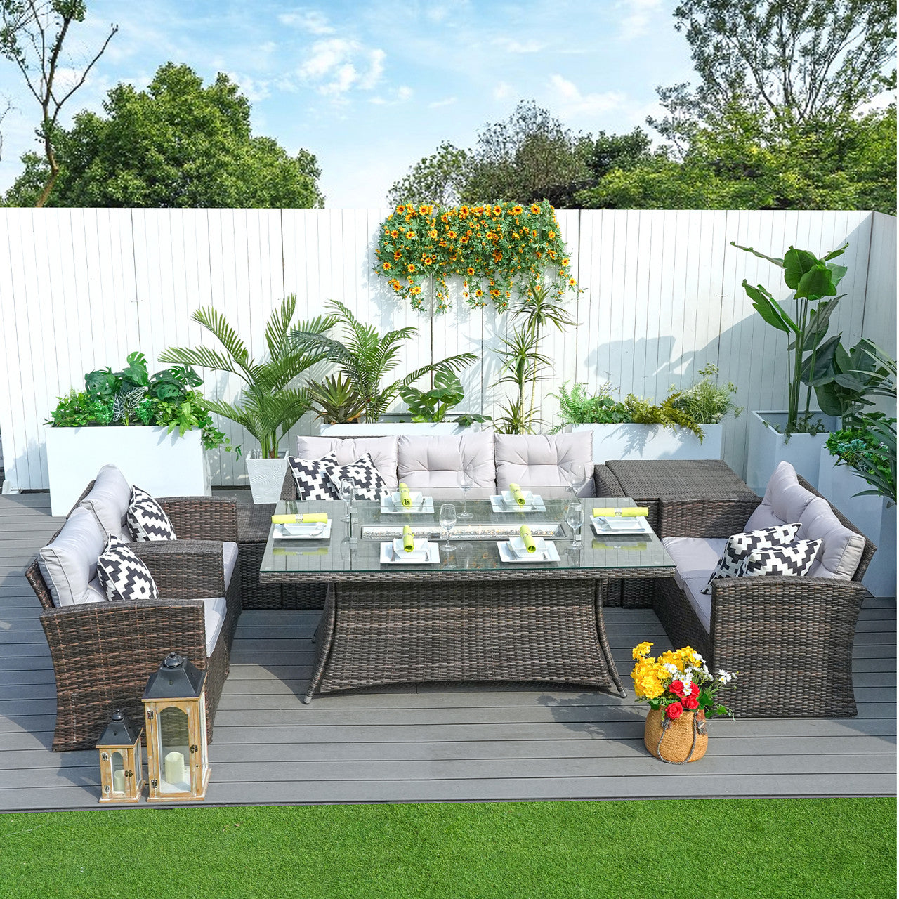 Patio Perfection with Rectangular Fire Pit Glass Tabletop Furniture Set (PAG-1503+1106R）