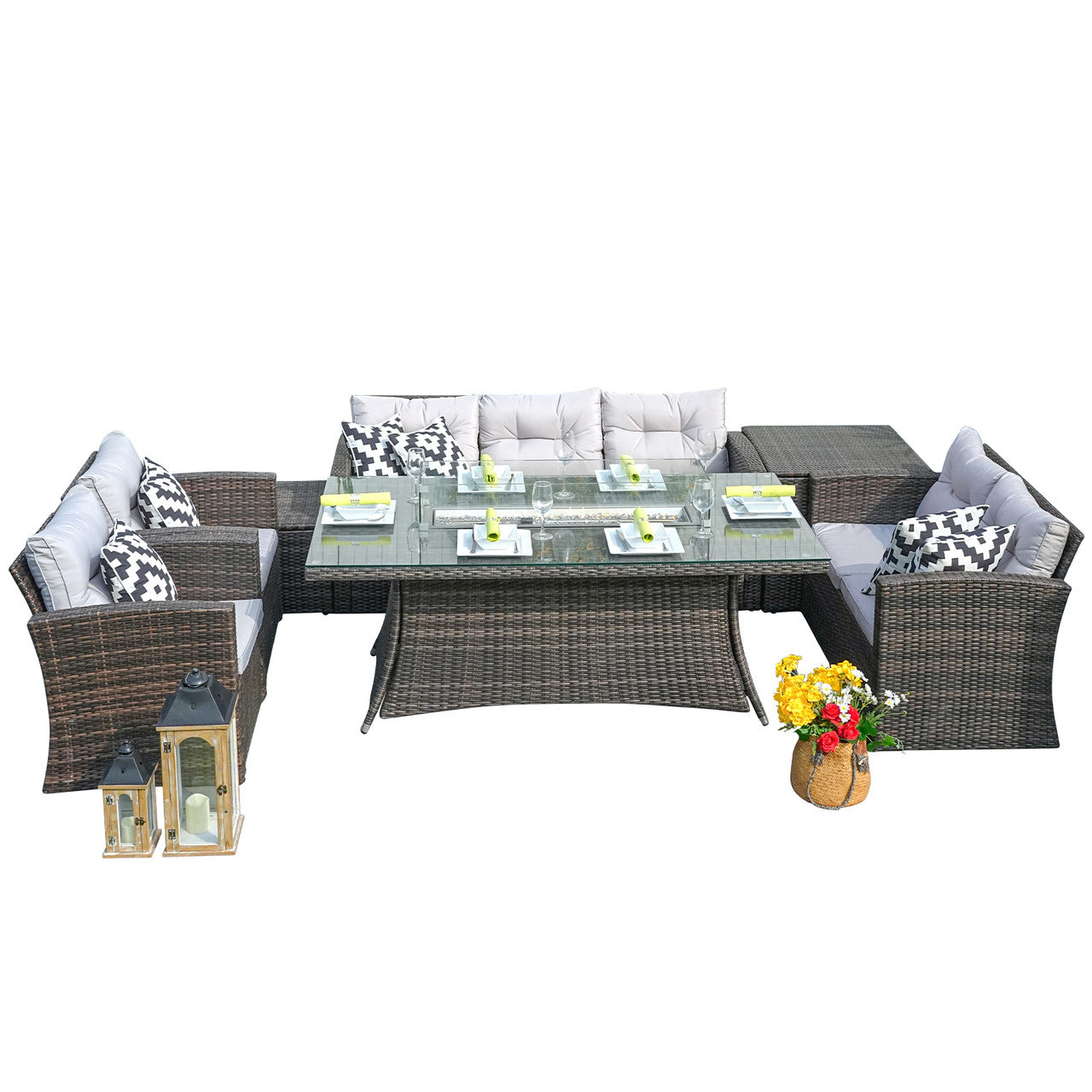 Patio Perfection with Rectangular Fire Pit Glass Tabletop Furniture Set (PAG-1503+1106R）