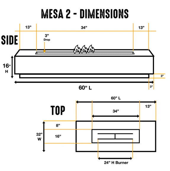 MESA 2 - 60" Premium Rectangular Cement Fire Pit Table Bowl GFRC Square Concrete - Natural Gas or Propane