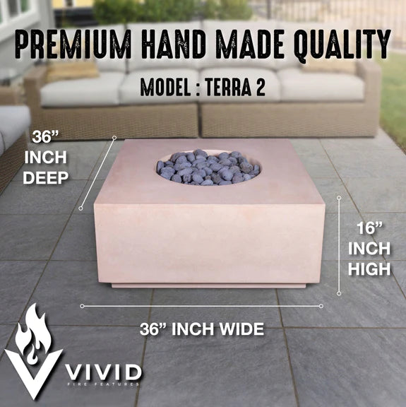 TERRA 2 - 36" Premium Square Cement Fire Pit Table Bowl GFRC Concrete - Natural Gas or Propane