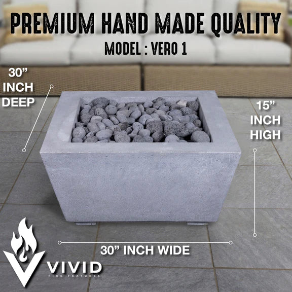 VERO - 30" Premium Square Cement Fire Pit Table Bowl GFRC Concrete - Natural Gas or Propane